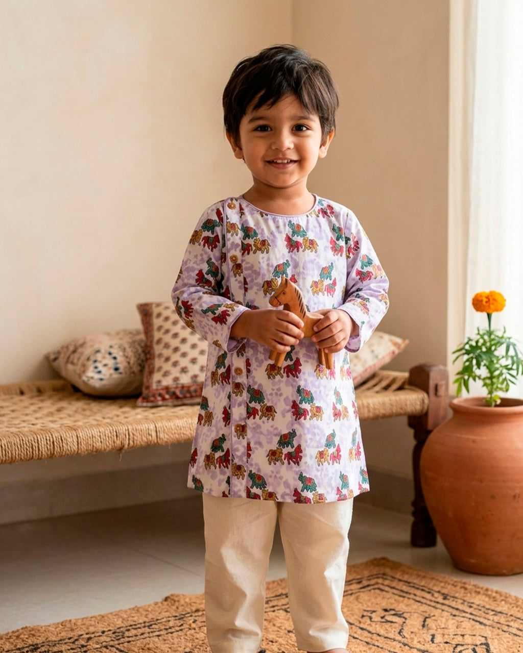Elephant Camel and Horse Print Cotton Kurta for Boys
