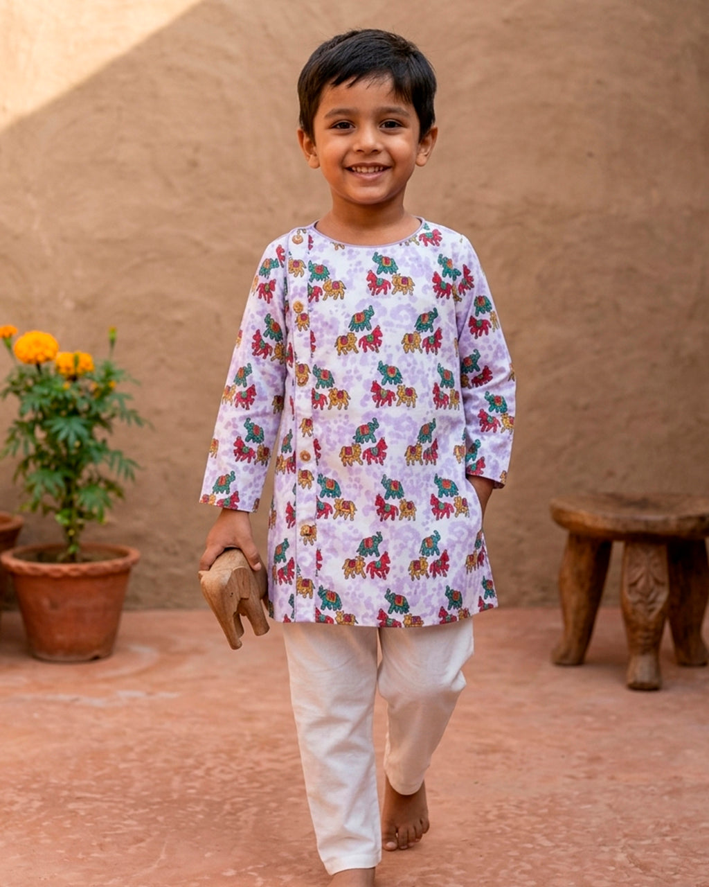 Elephant Camel and Horse Print Cotton Kurta for Boys