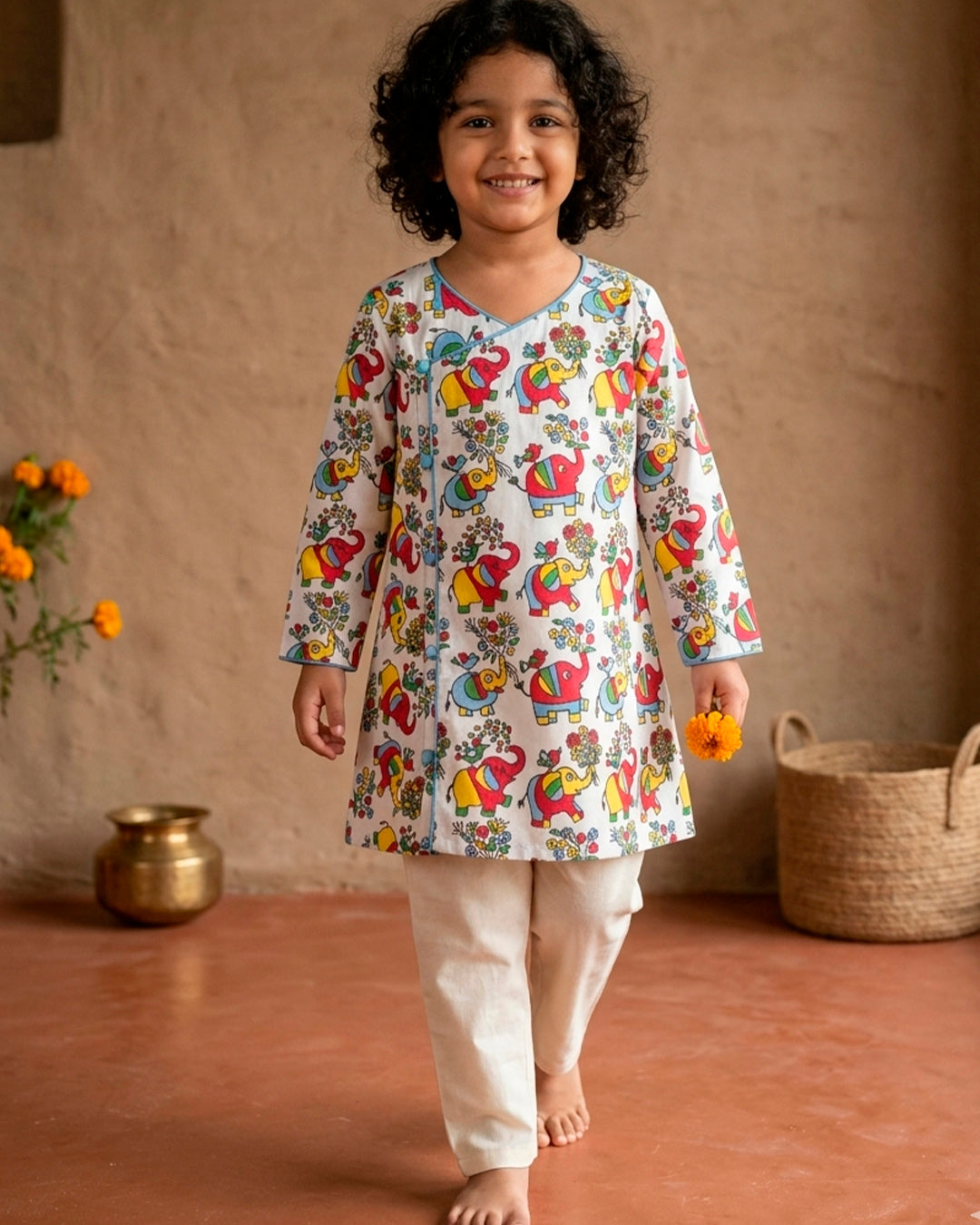 Elephant Print Cotton Kurta for Boys