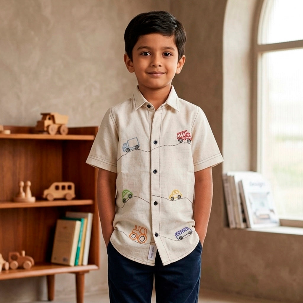 Vehicles Hand embroidered Shirt for Boys