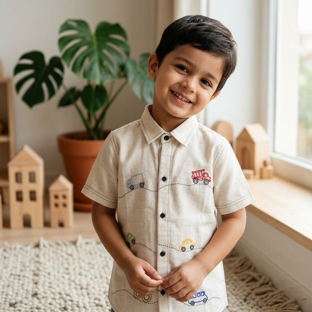 Vehicles Hand embroidered Shirt for Boys