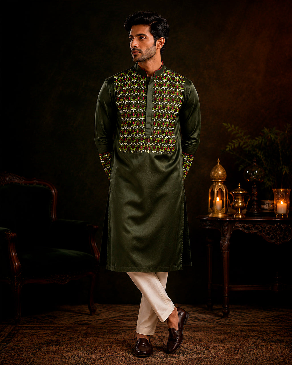 Olive Green Resham Work Kurta