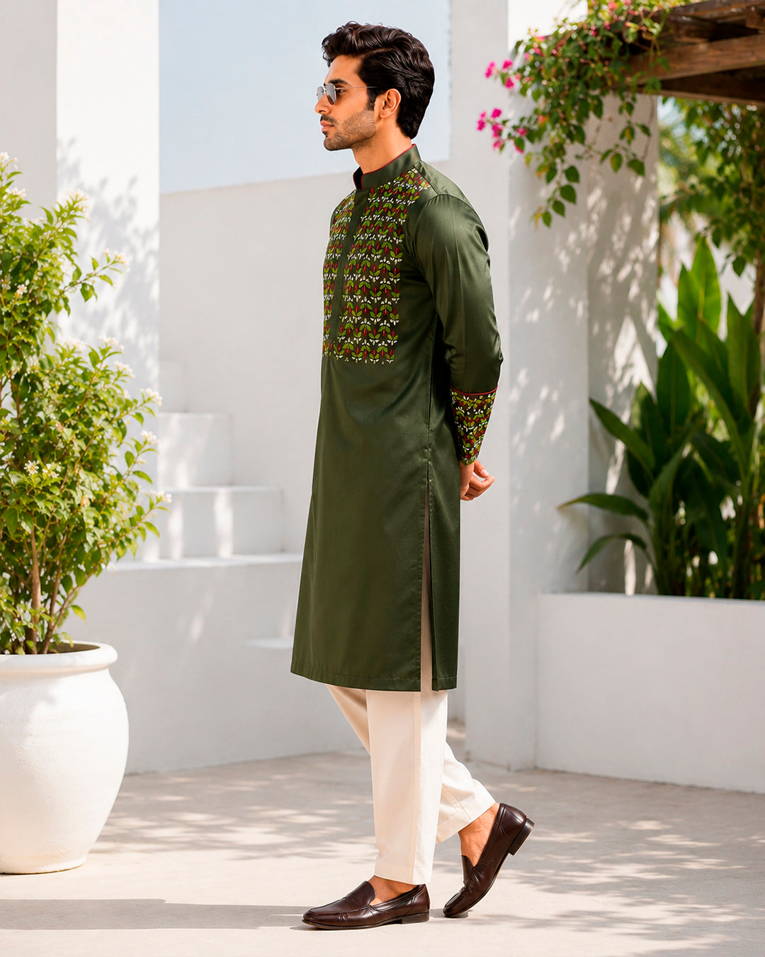 Olive Green Resham Work Kurta