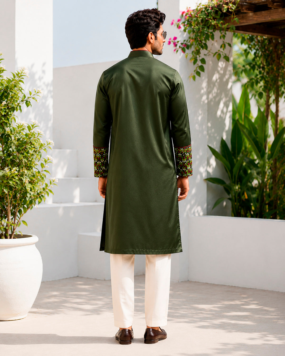 Olive Green Resham Work Kurta
