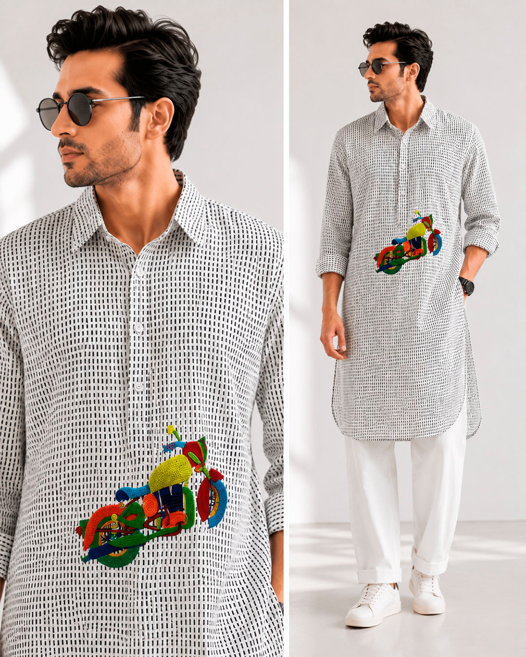 Retro Bike and Kantha Motif Urban Wear Kurta