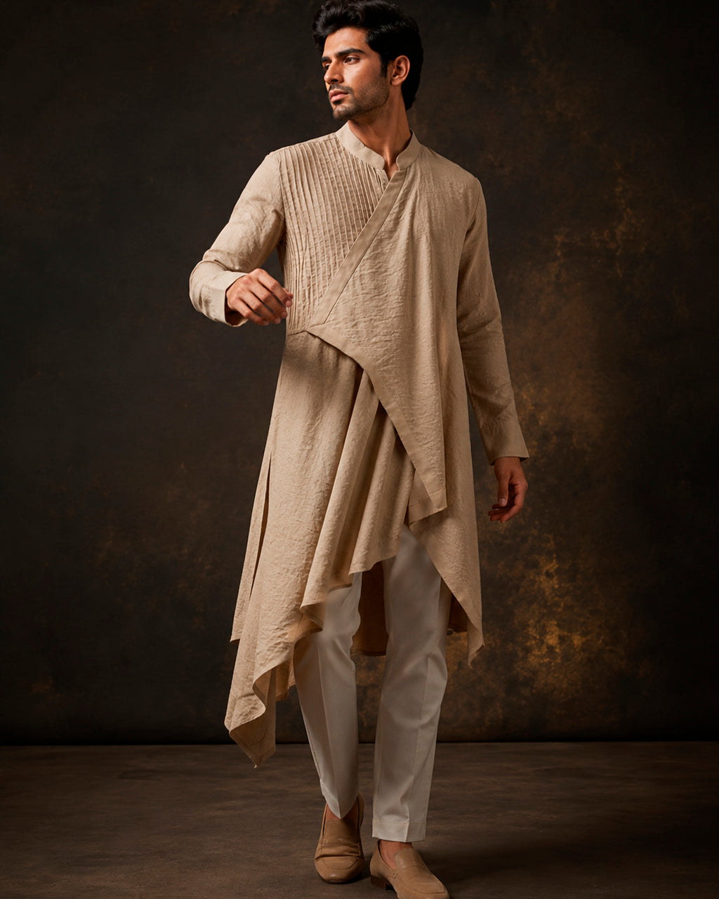 Beige Asymmetrical Linen Drape Kurta