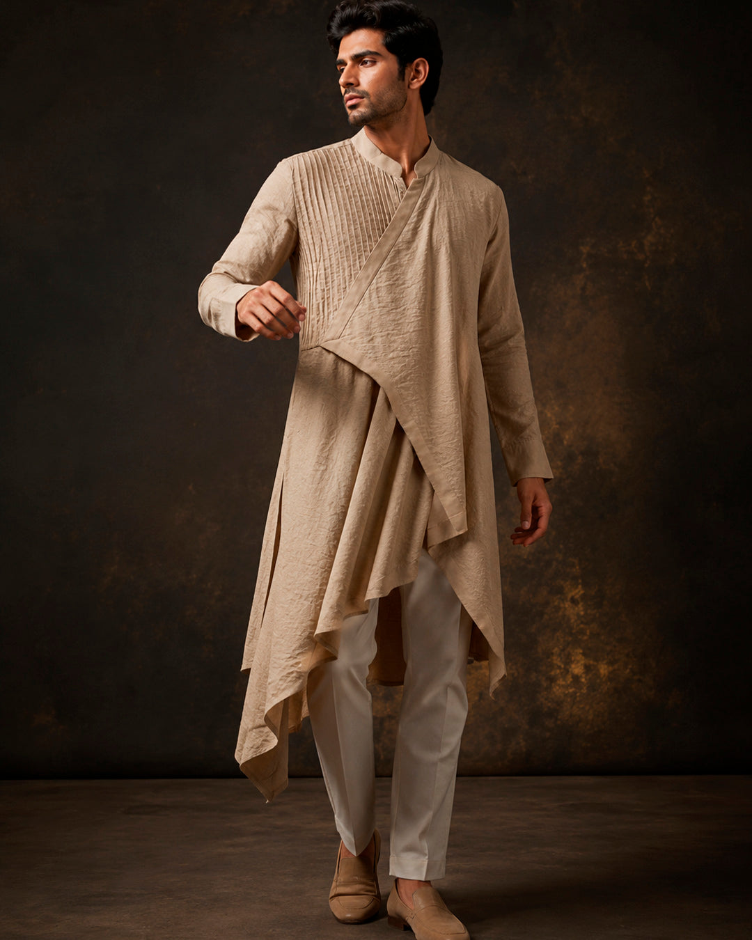 Beige Asymmetrical Linen Drape Kurta