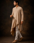 Beige Asymmetrical Linen Drape Kurta
