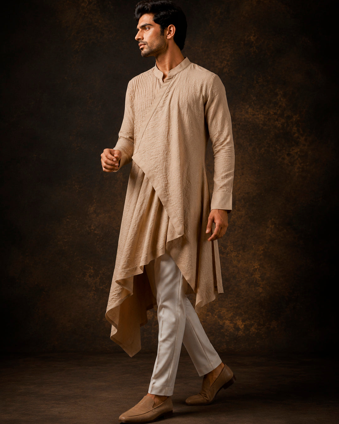 Beige Asymmetrical Linen Drape Kurta