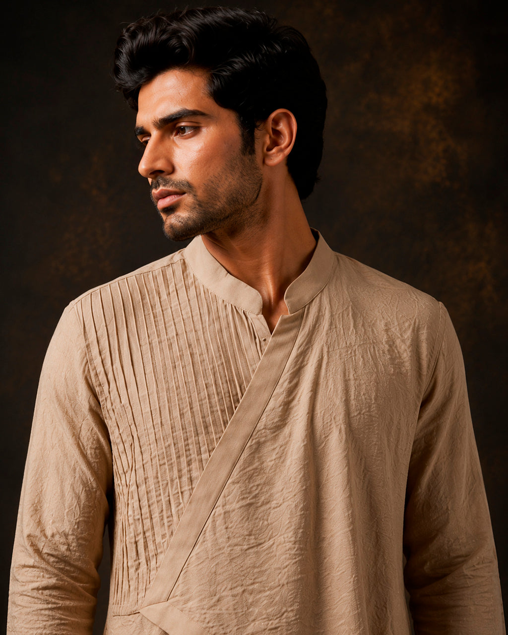 Beige Asymmetrical Linen Drape Kurta