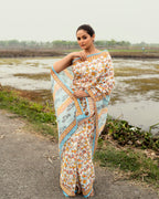 Wanderlust Motif Block Printed Saree (Light Blue)