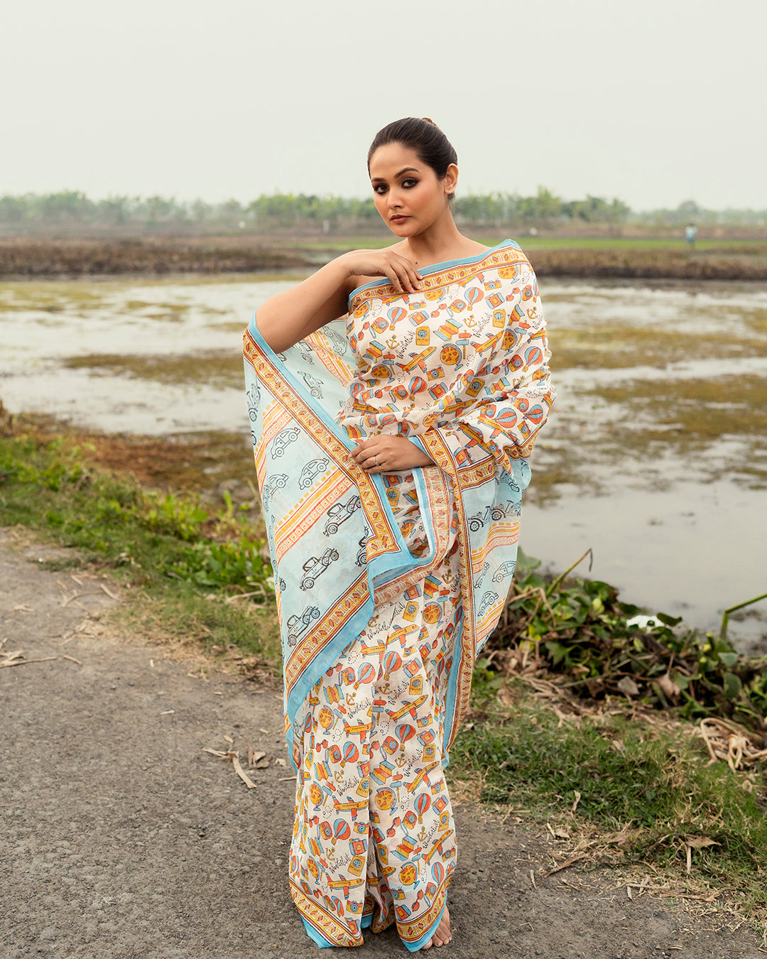 Wanderlust Motif Block Printed Saree (Light Blue)