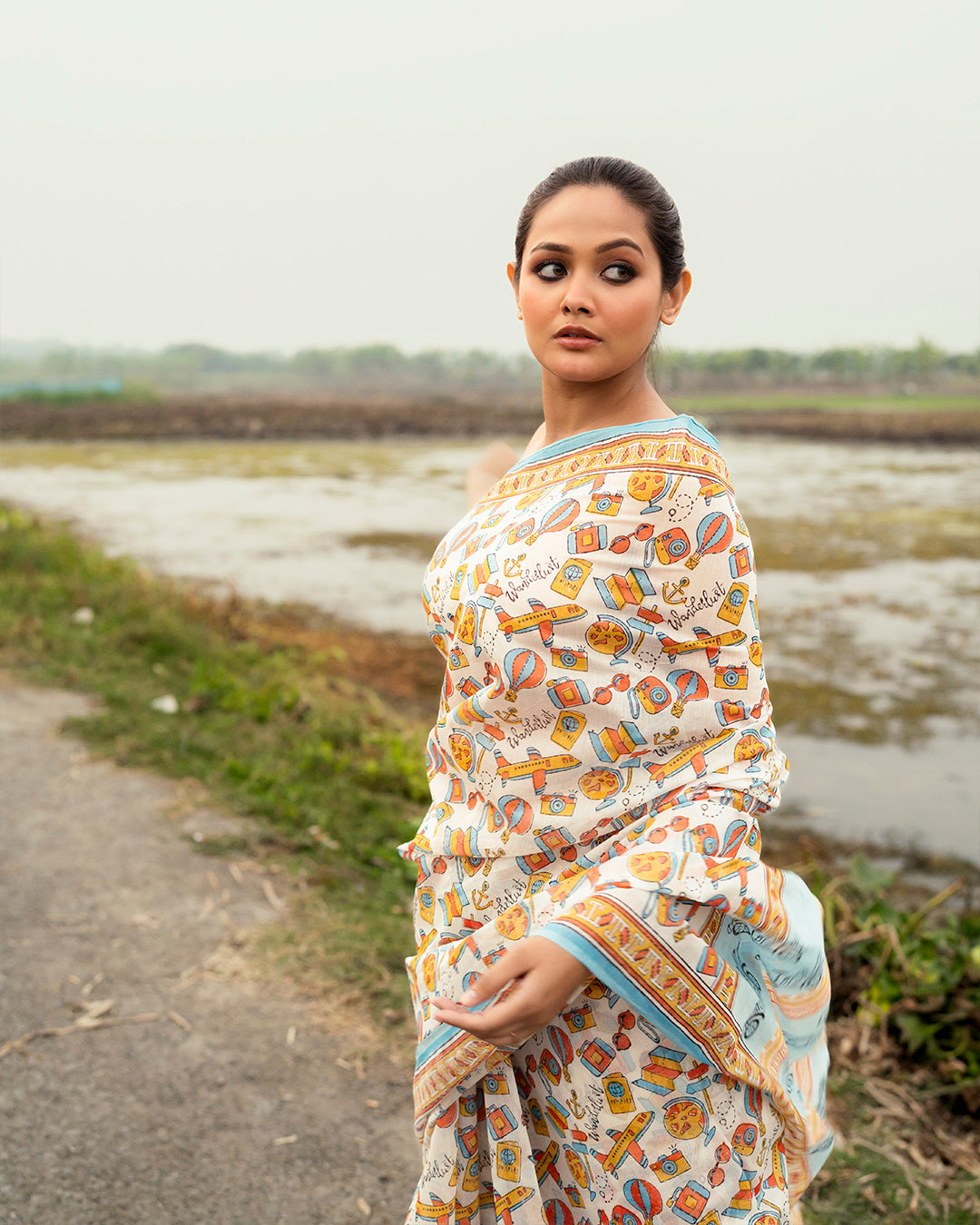 Wanderlust Motif Block Printed Saree (Light Blue)