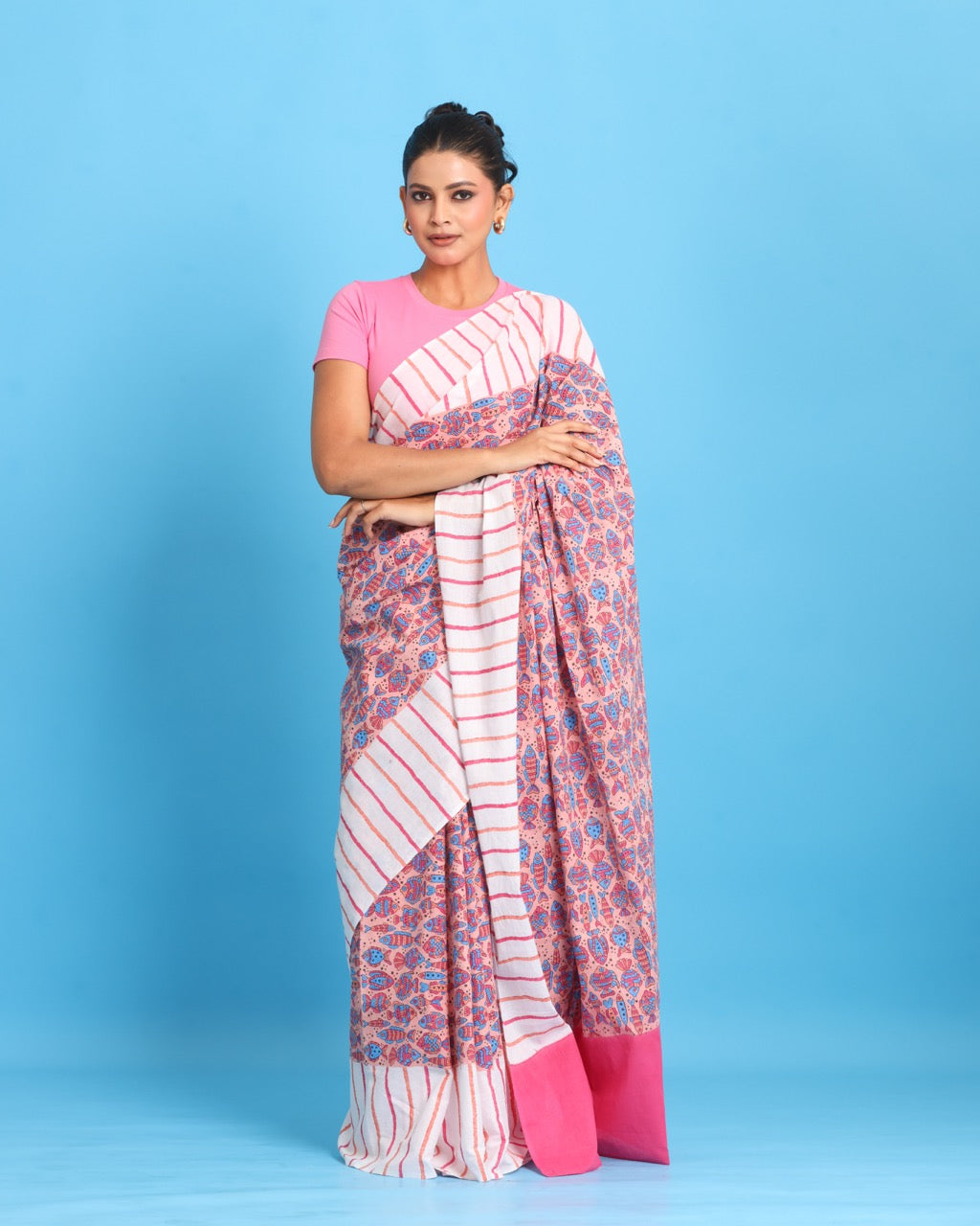 Gulabi Lehar Block Printed Saree