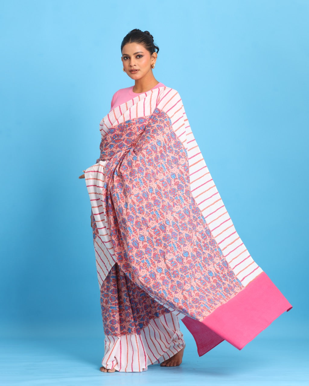 Gulabi Lehar Block Printed Saree