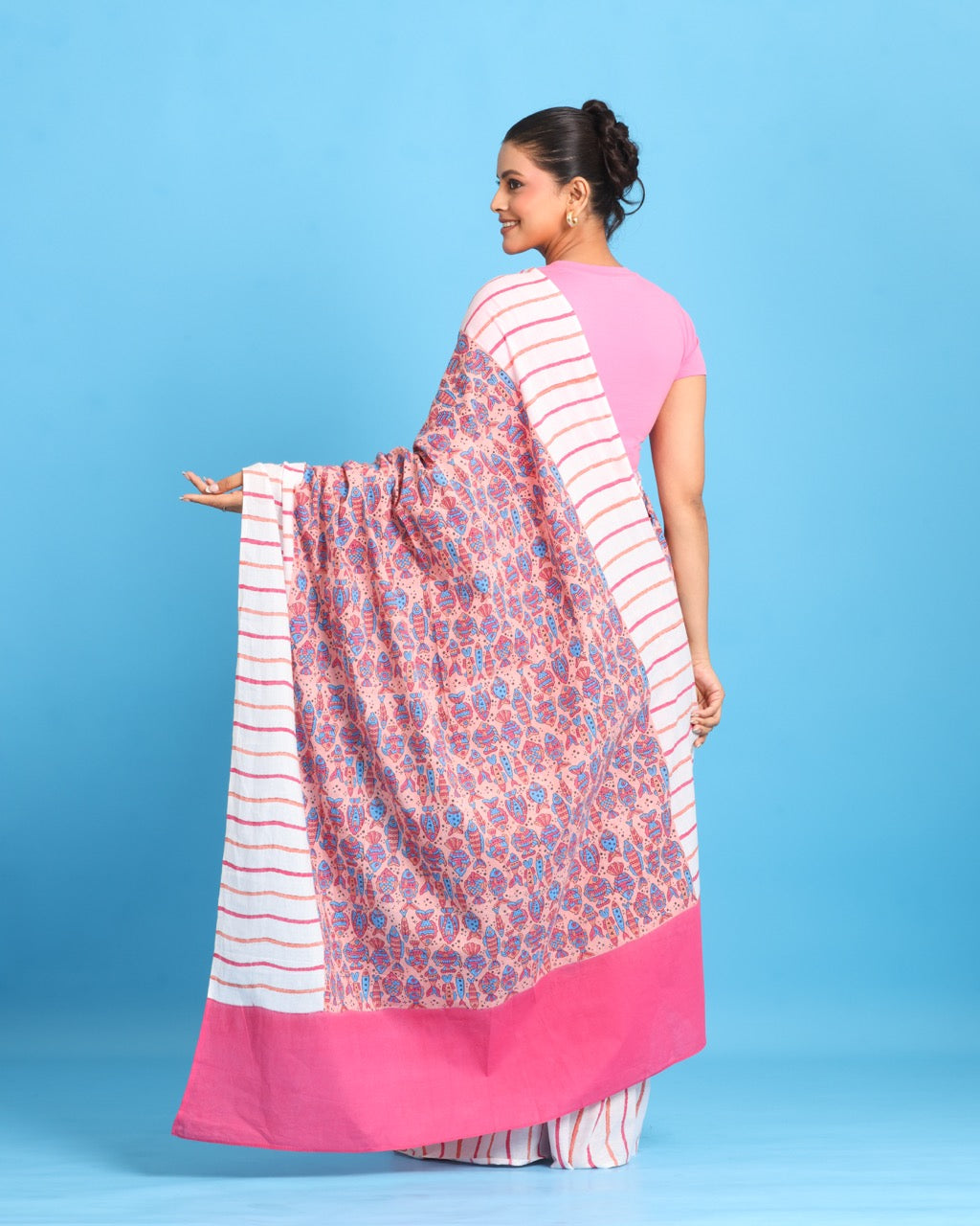 Gulabi Lehar Block Printed Saree