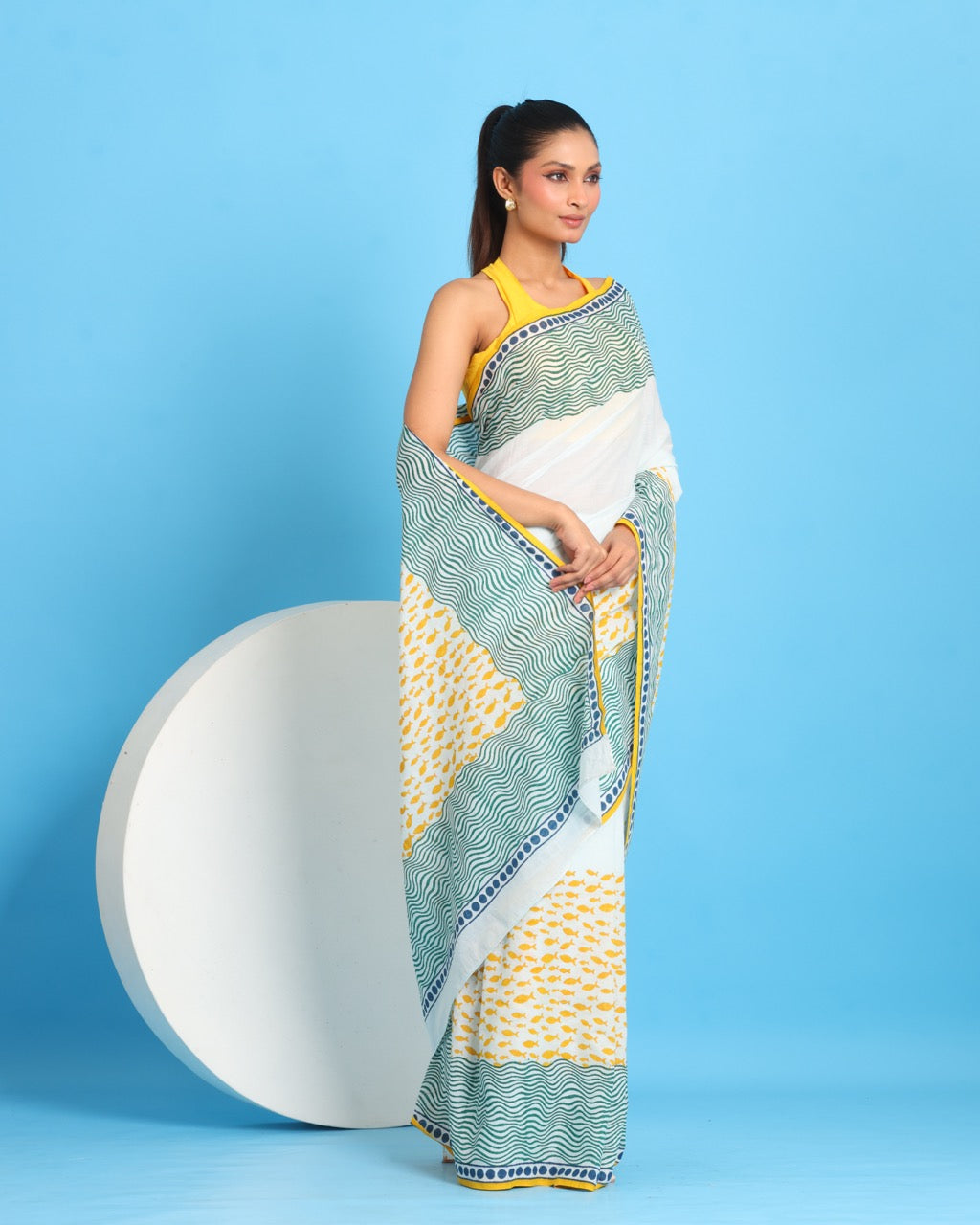 Sunehri Matsya Block Printed Saree
