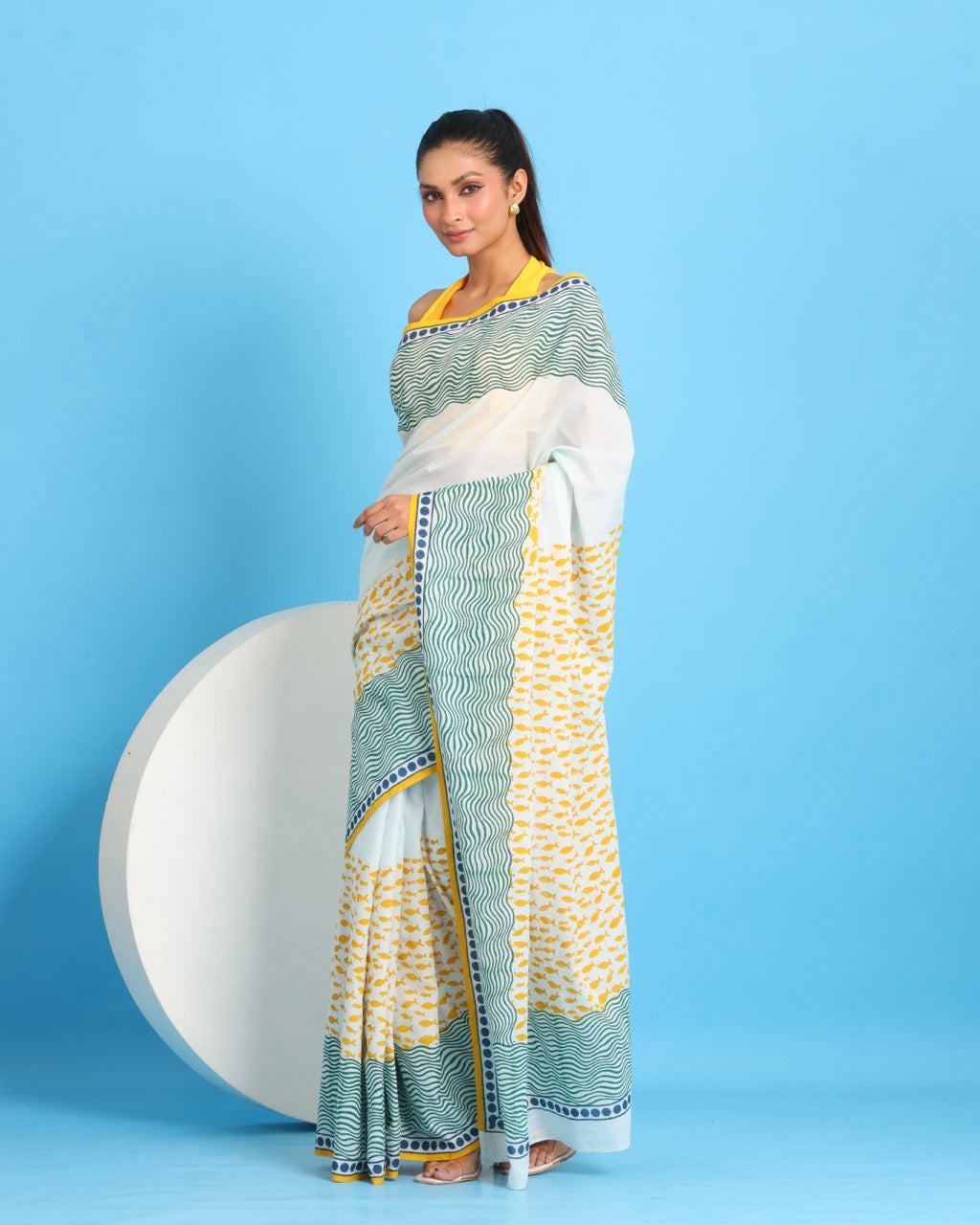 Sunehri Matsya Block Printed Saree