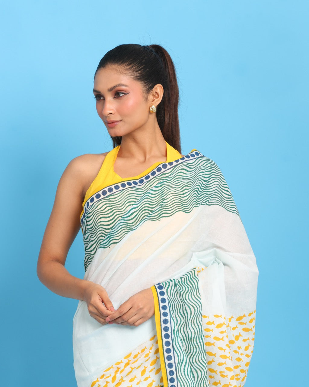 Sunehri Matsya Block Printed Saree