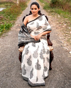 Black Mughal Motif Block Printed Saree
