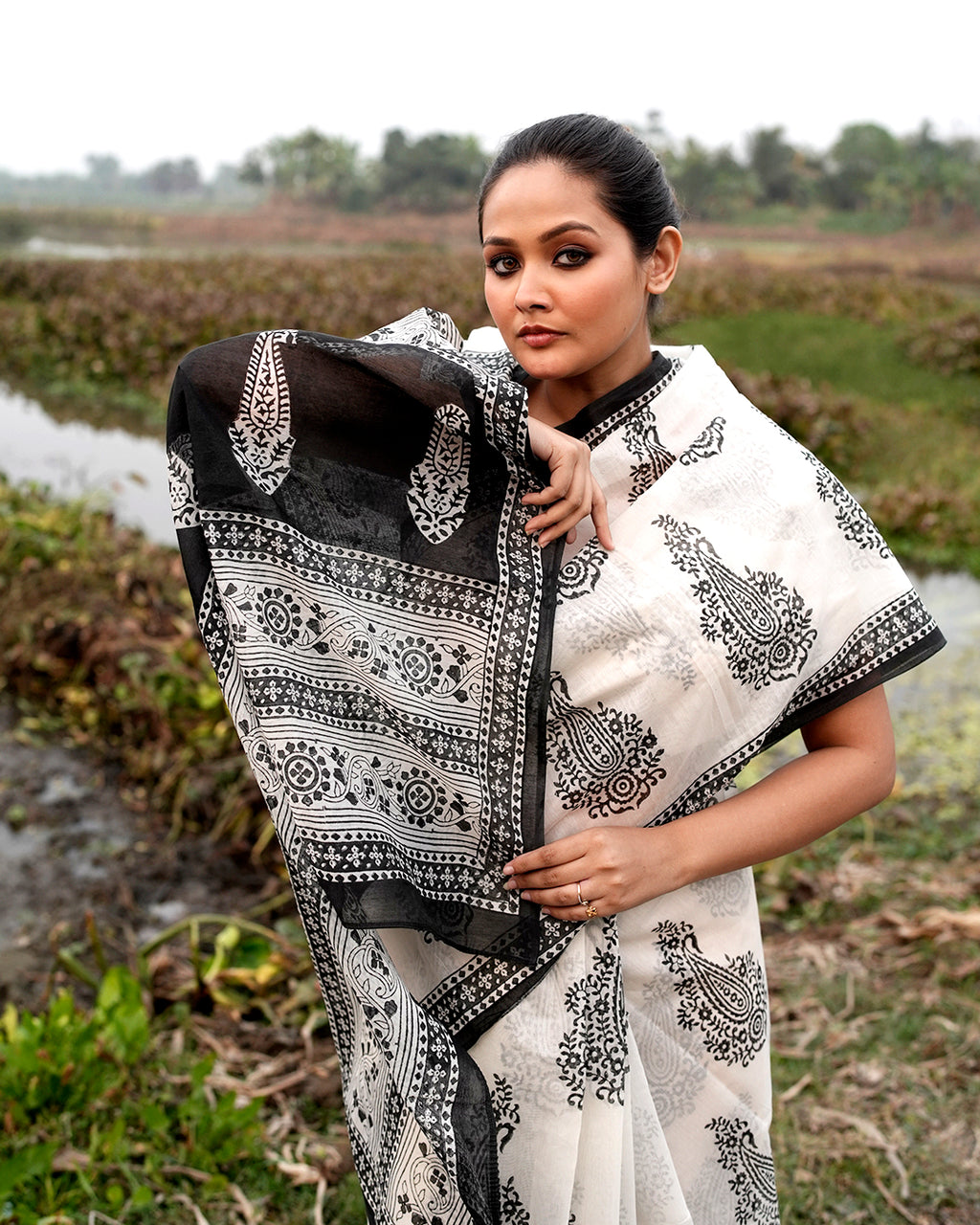 Black Mughal Motif Block Printed Saree