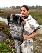 Black Mughal Motif Block Printed Saree