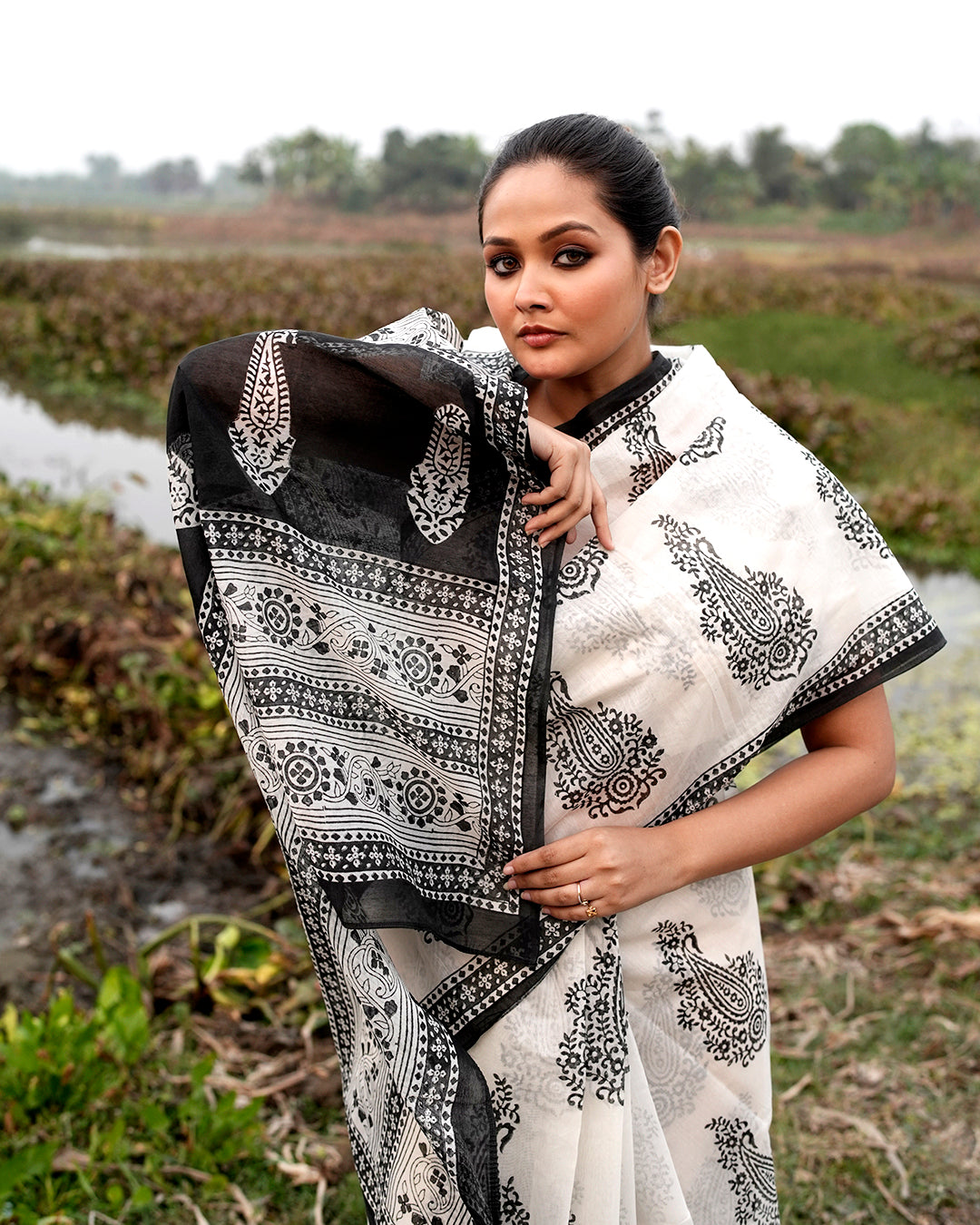 Black Mughal Motif Block Printed Saree