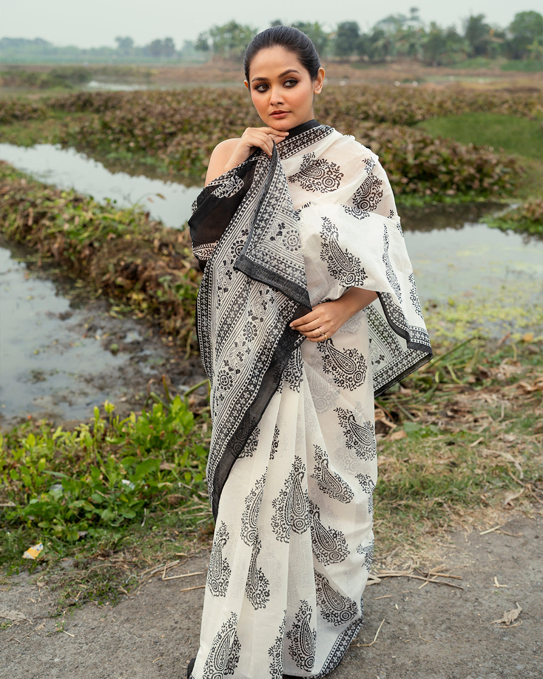 Black Mughal Motif Block Printed Saree