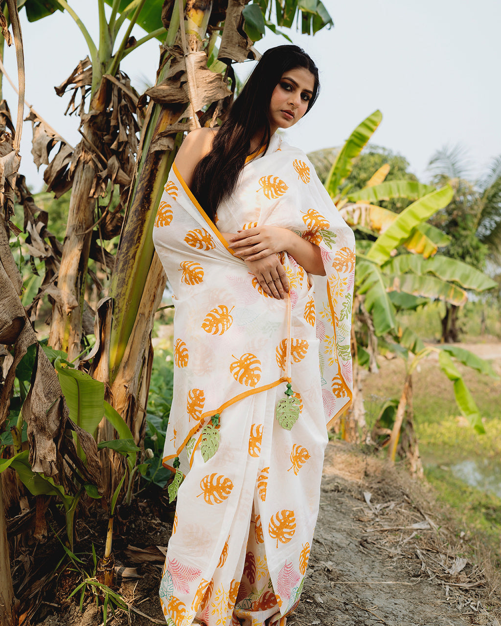 Tropical Leaves Block Printed Saree