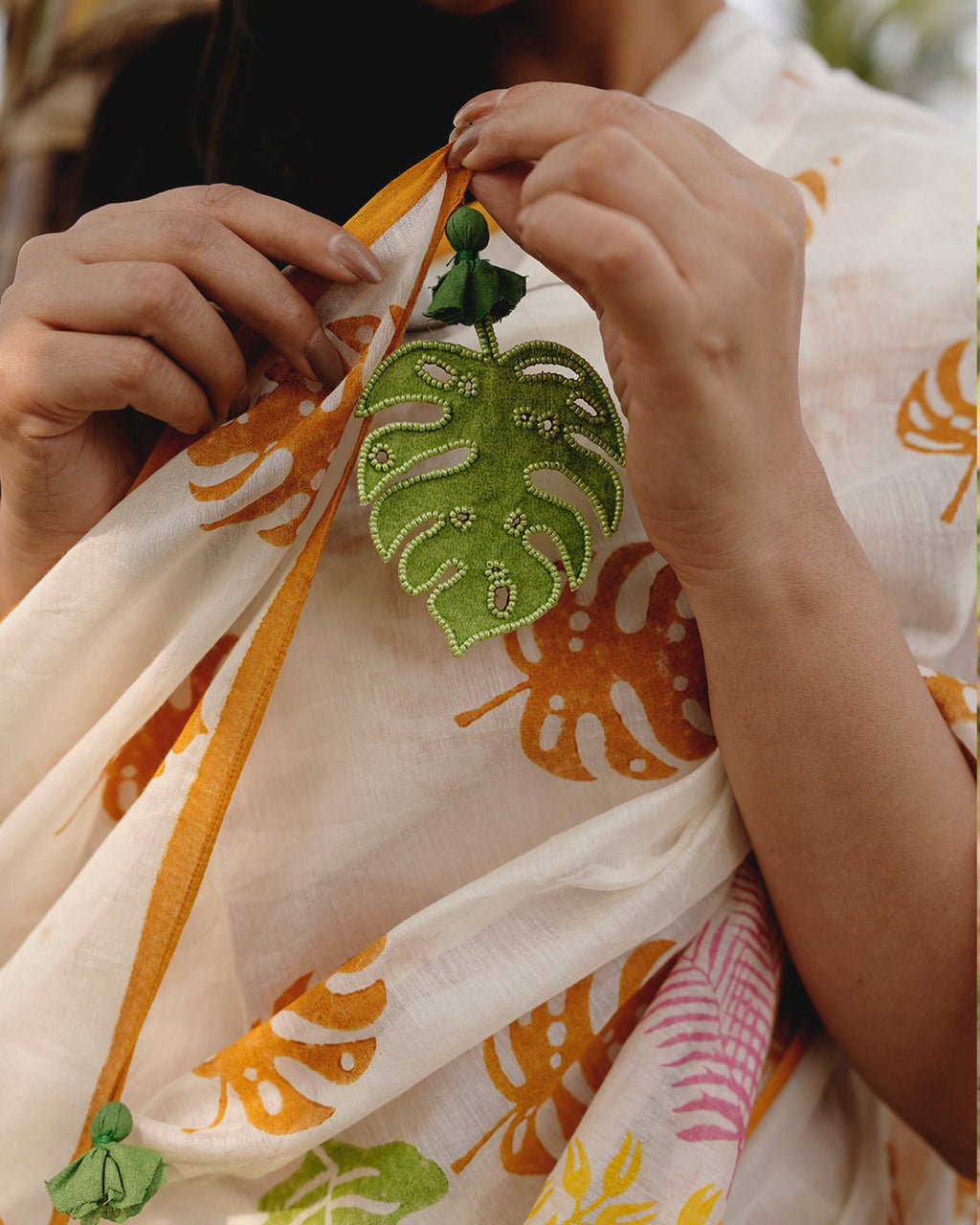 Tropical Leaves Block Printed Saree