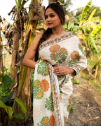 Golden Flower Block Printed Saree