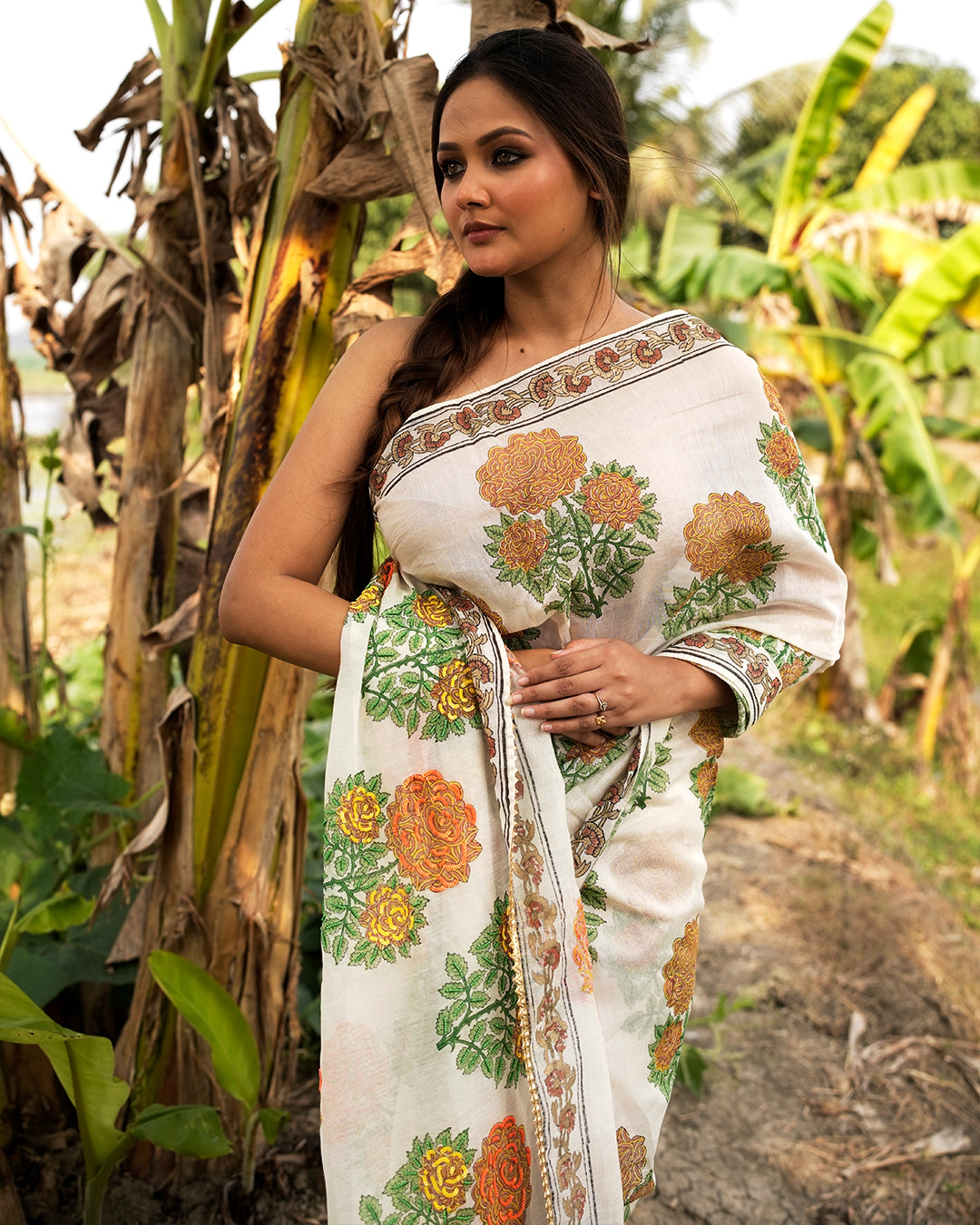 Golden Flower Block Printed Saree