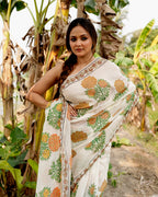 Golden Flower Block Printed Saree