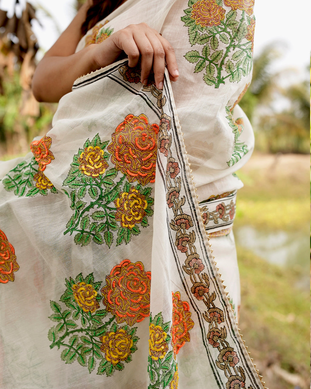 Golden Flower Block Printed Saree