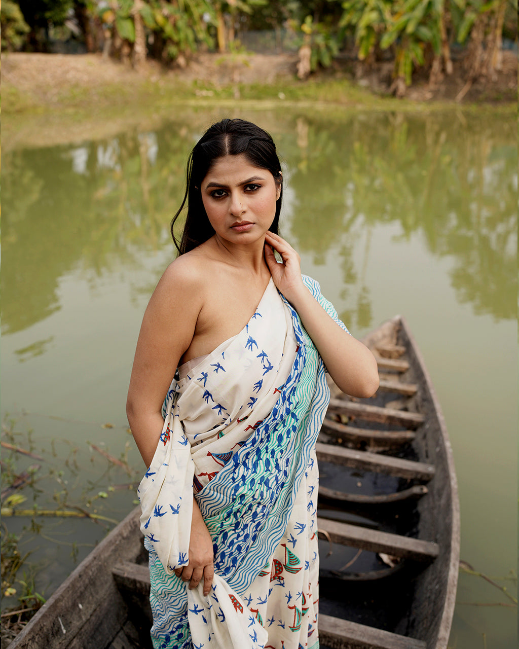 Boat and Fish Block Printed Saree