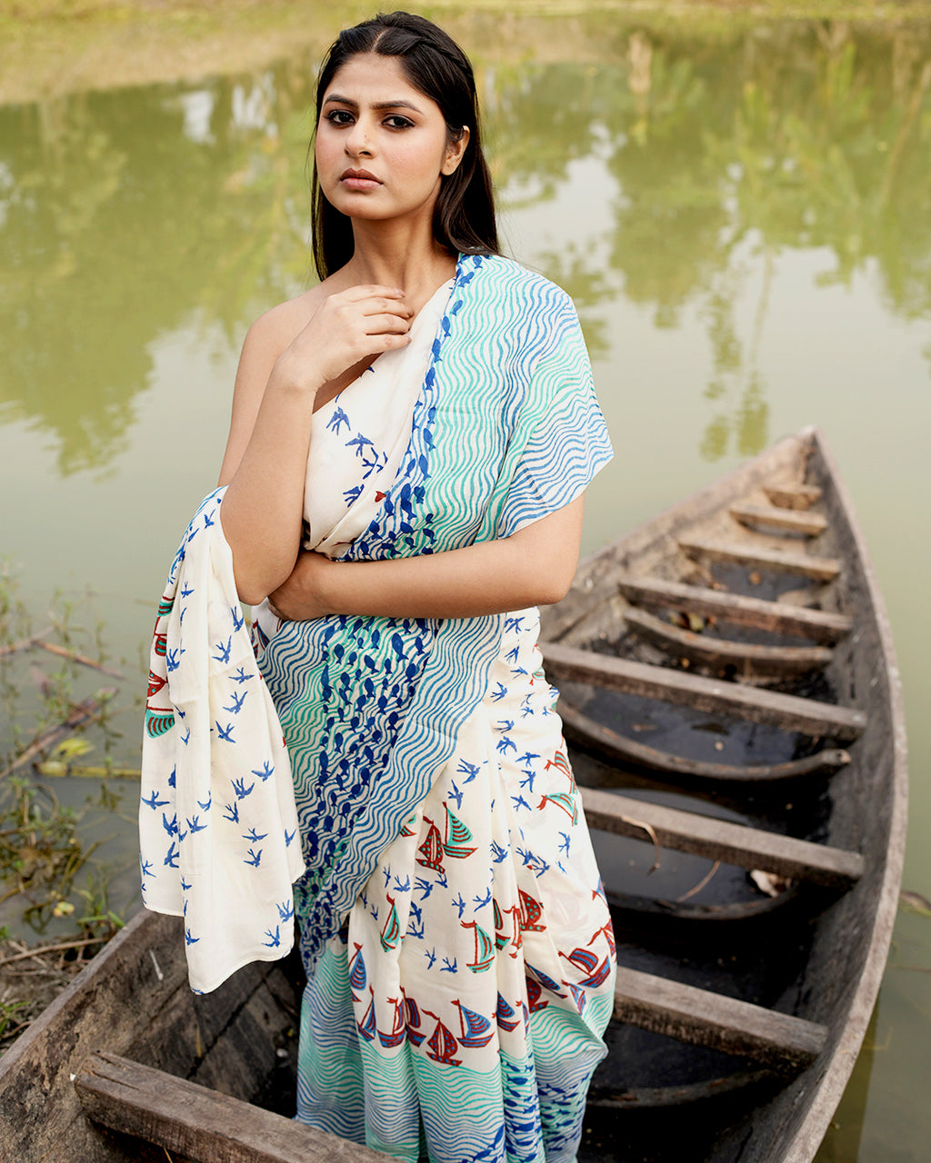 Boat and Fish Block Printed Saree