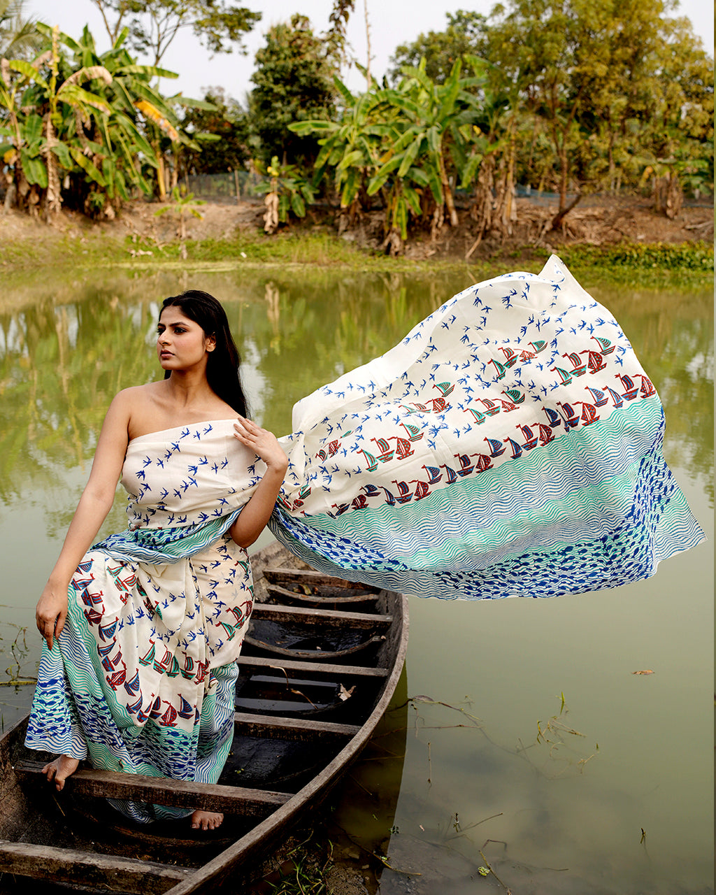 Boat and Fish Block Printed Saree