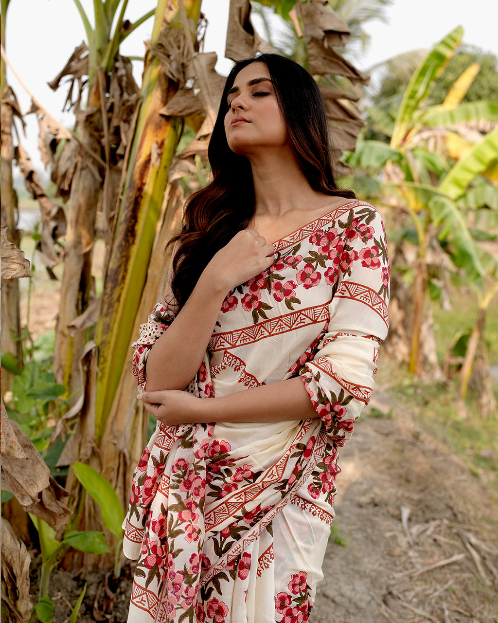 Red Floral Block Printed Saree