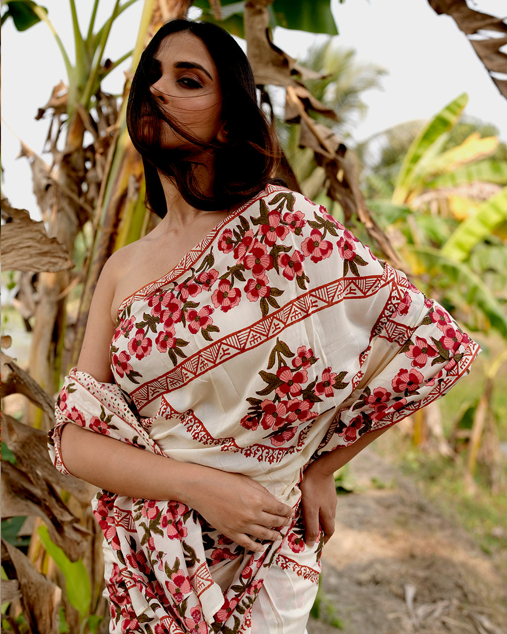 Red Floral Block Printed Saree