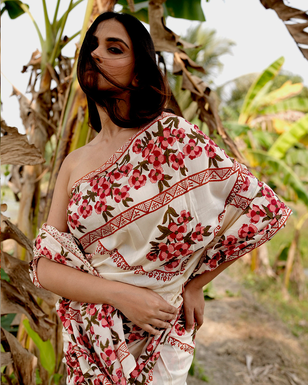 Red Floral Block Printed Saree