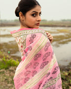 Wanderlust Motif Block Printed Saree (Pink)