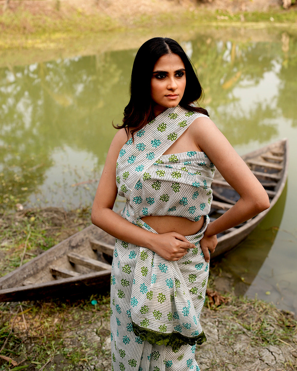 Floral Kantha Jaal Block Printed Saree