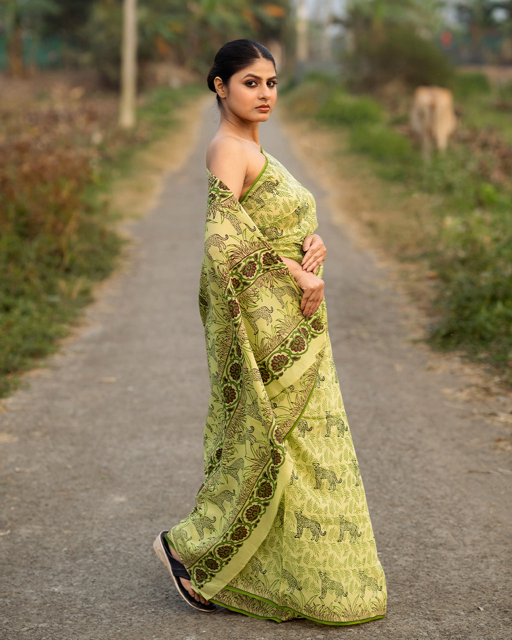 Cheetah Green Block Printed Saree