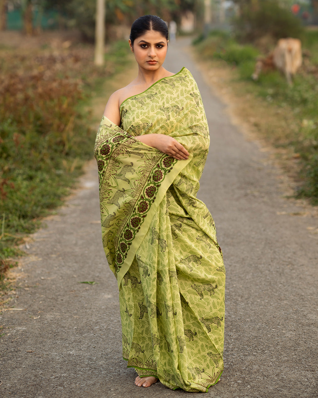 Cheetah Green Block Printed Saree