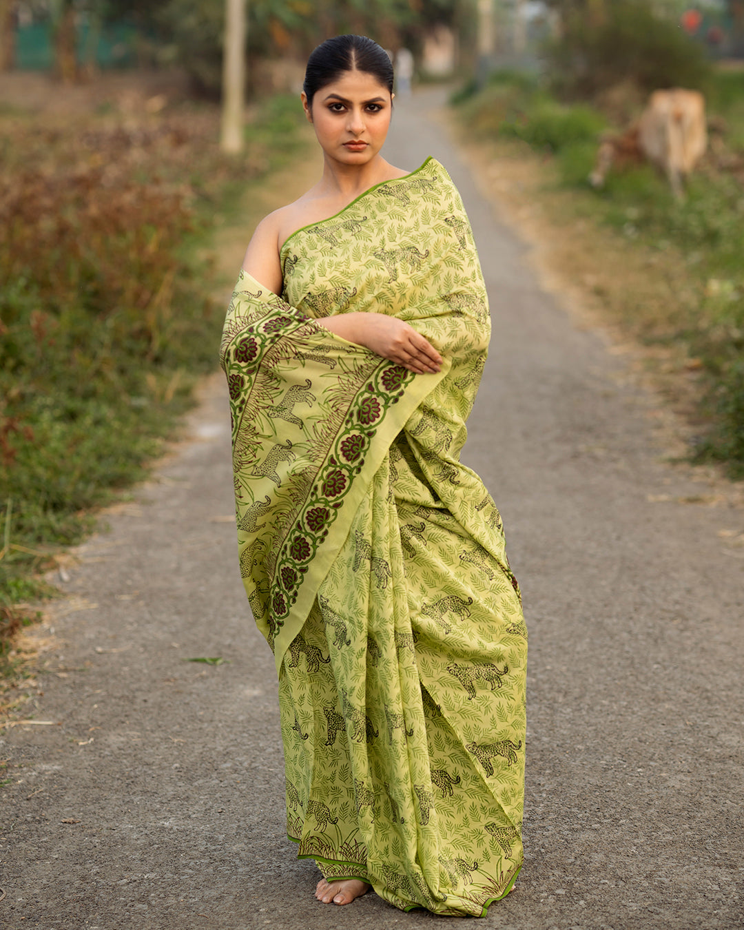Cheetah Green Block Printed Saree