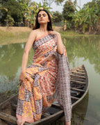 Maroon Fish and Stripes Block Printed Saree