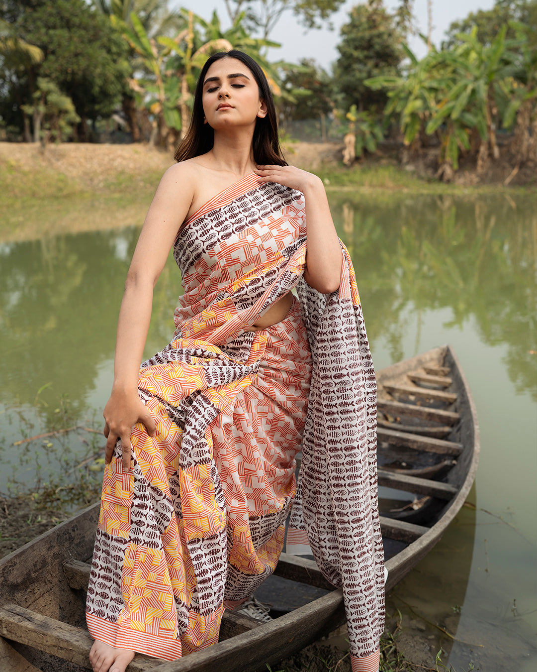 Maroon Fish and Stripes Block Printed Saree