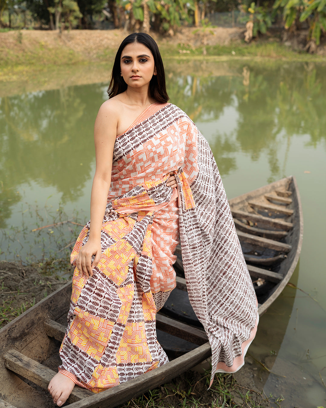 Maroon Fish and Stripes Block Printed Saree