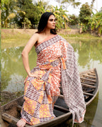 Maroon Fish and Stripes Block Printed Saree