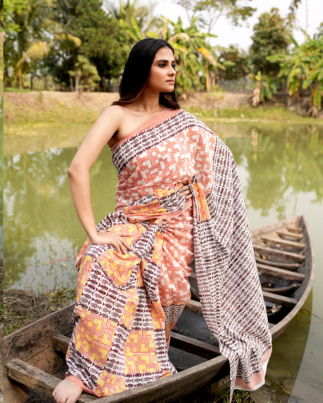 Maroon Fish and Stripes Block Printed Saree